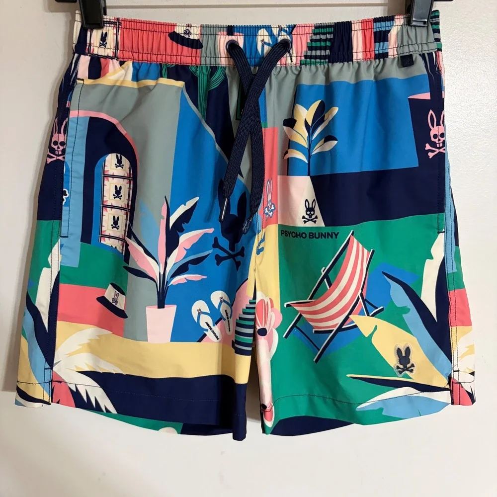 Psycho Bunny Boys Swim Trunks Size 14-16 L Large Multicolor Graphic Board Shorts